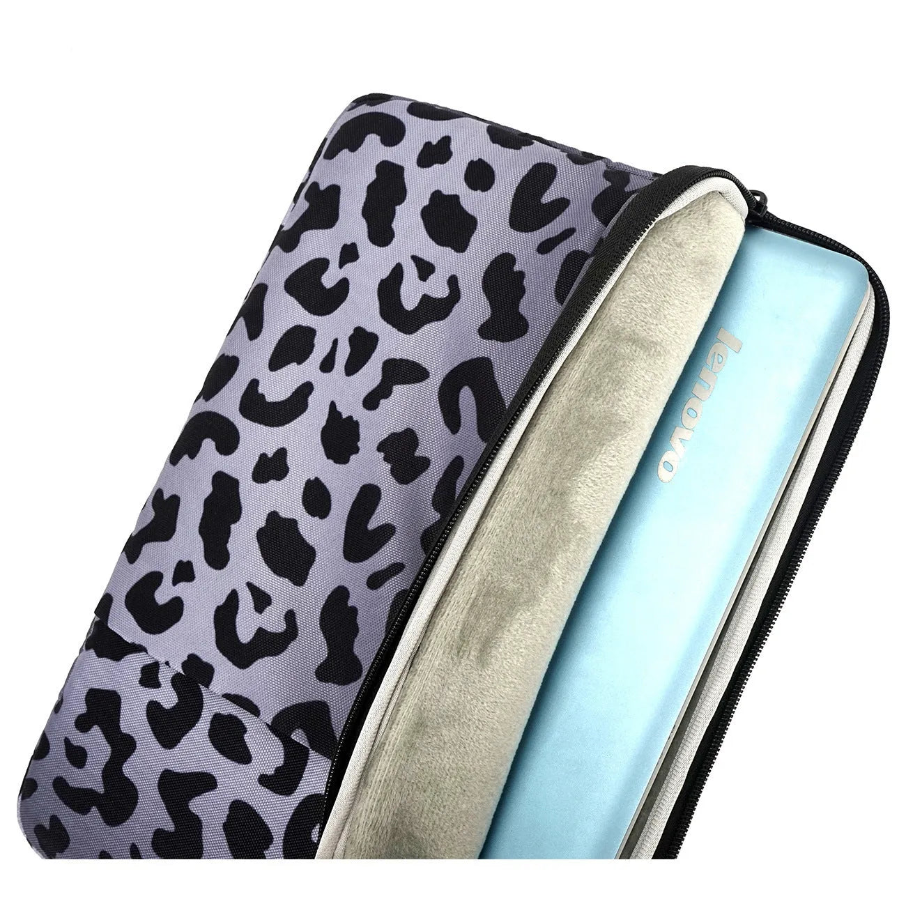 Leopard print laptop sleeve for 13-inch to 16-inch laptops with anti-shock protection.