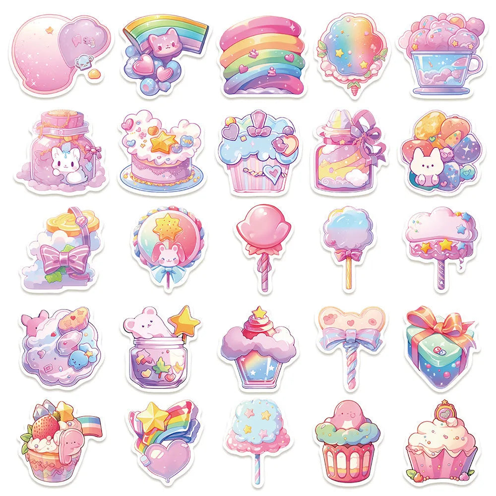 Candy theme decorative waterproof stickers measuring 4-7cm individually, 50 sheets pack