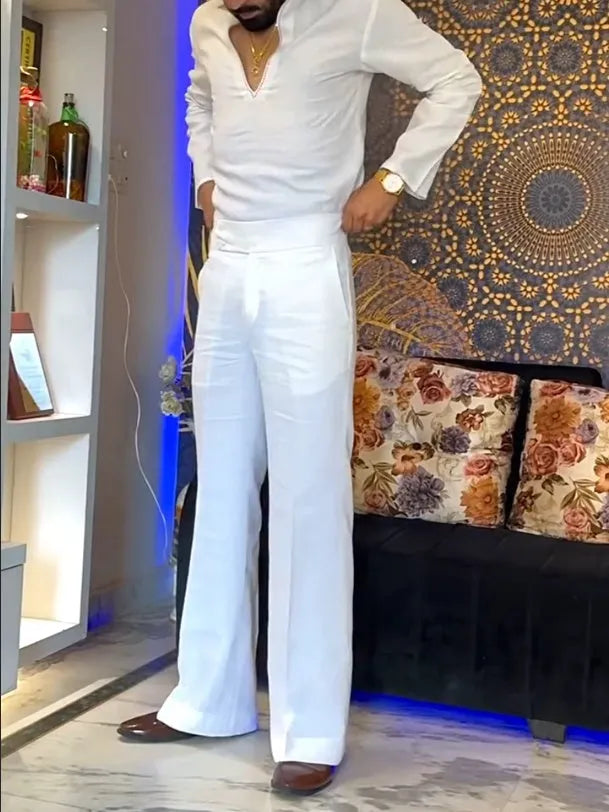 White polyester three-piece outfit set with V-neck shirt, sleeveless vest and trousers