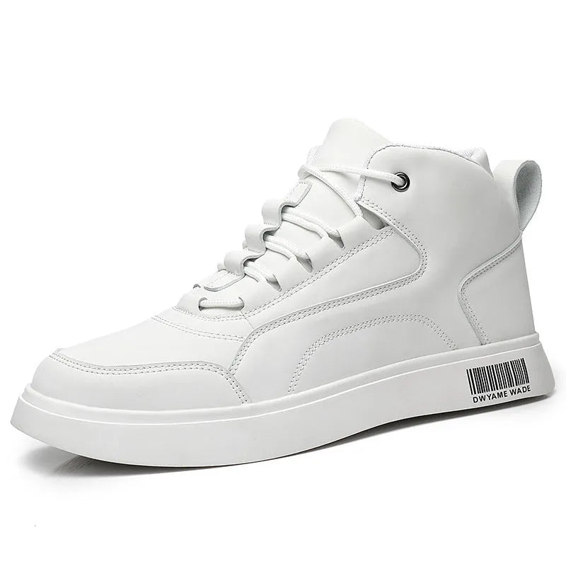 Men's white and black mid-top casual board shoes with lace-up front and rubber sole