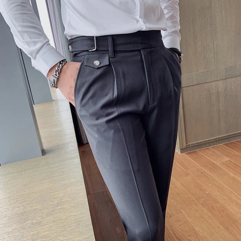 Men's straight-leg casual trousers in polyester, shown in a khaki colour on a neutral background.