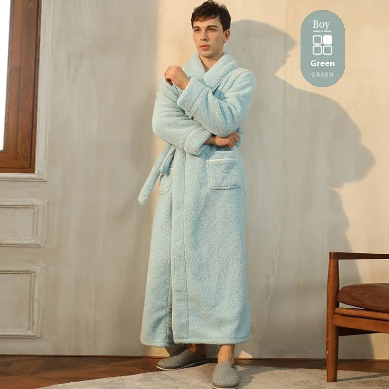 Thick flannel winter bathrobe for couples in multiple colour options like navy blue and cherry yellow.