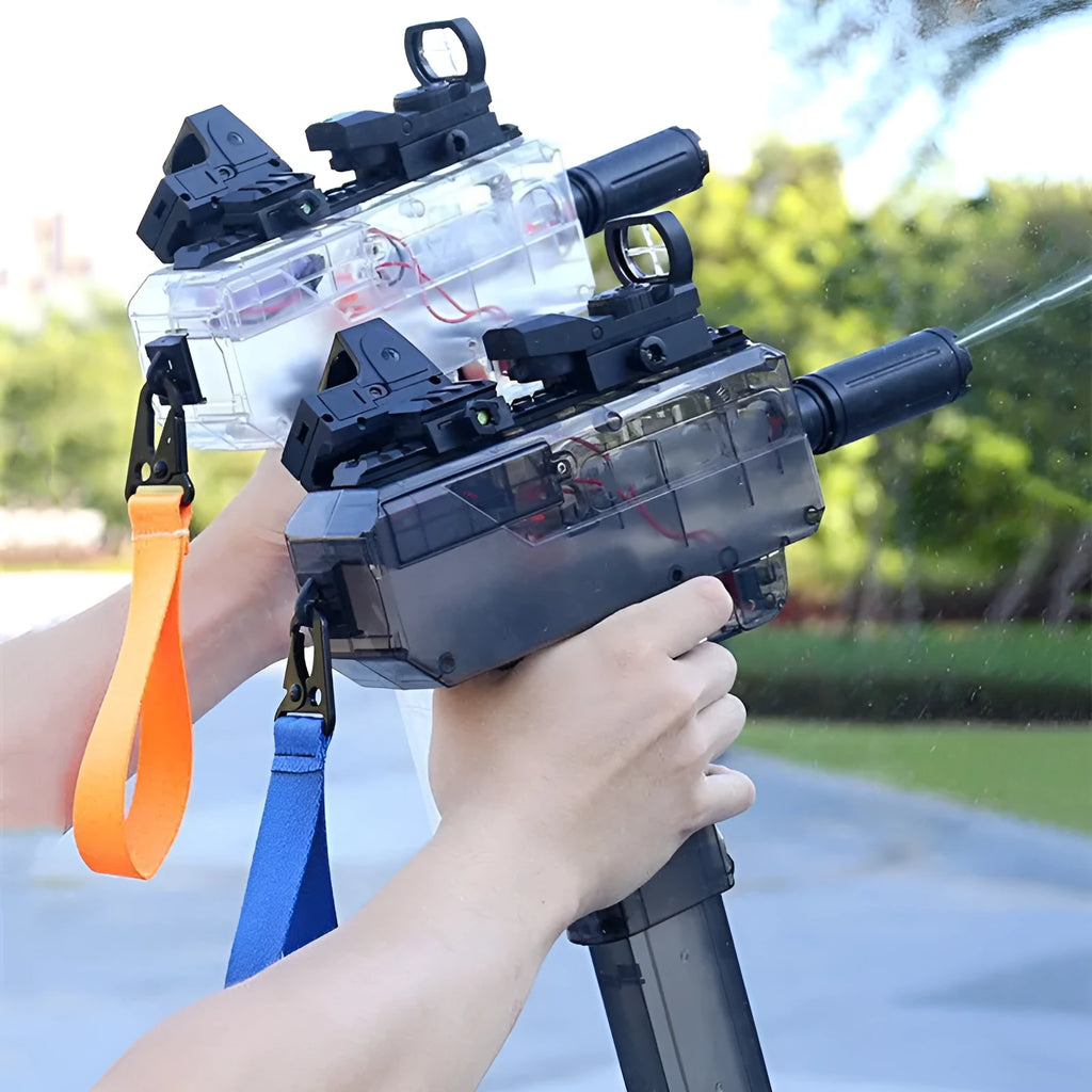 Transparent rechargeable electric water gun with accessories showing blue colour option