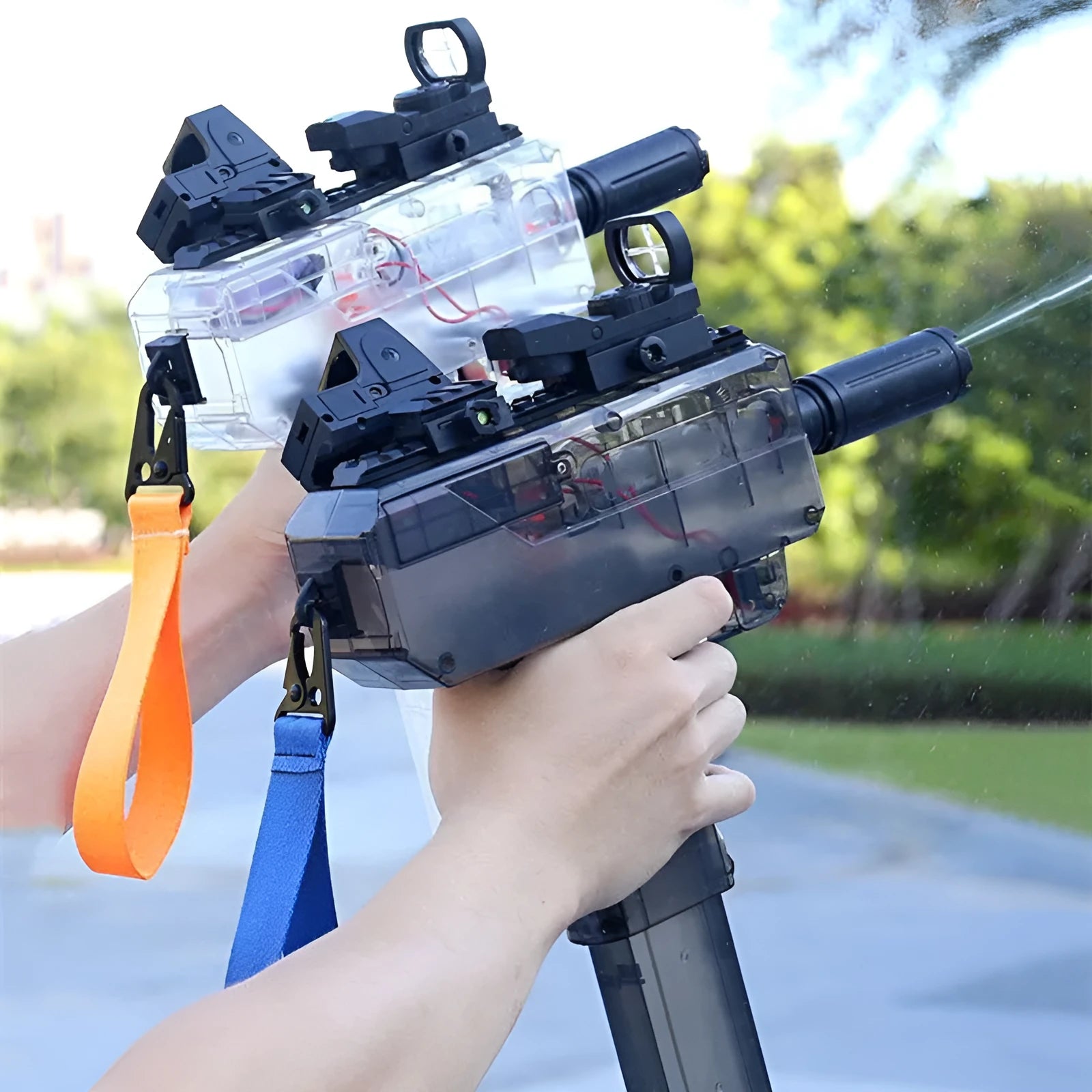 Transparent rechargeable electric water gun with accessories showing blue colour option
