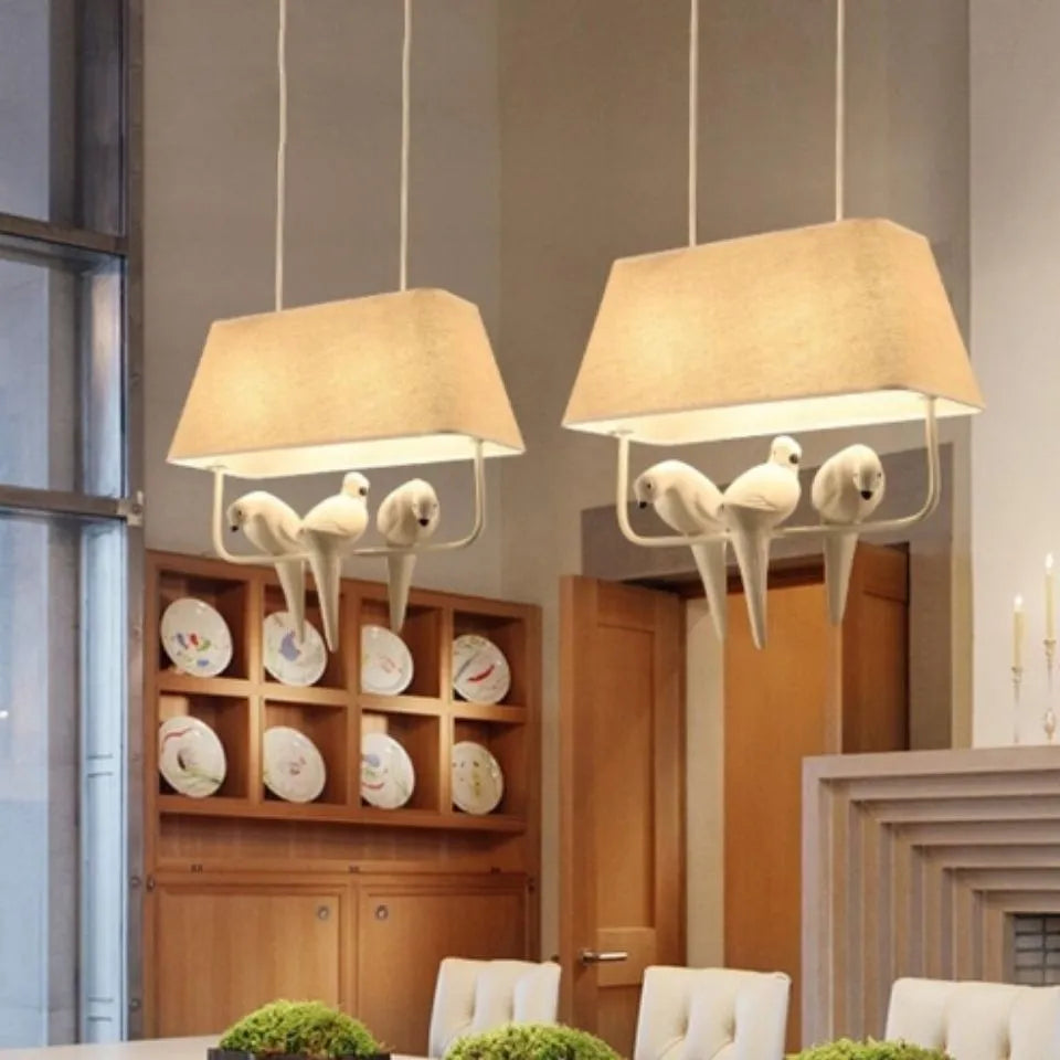 Iron bird chandelier ceiling lamp with fabric shades in bird-themed configuration