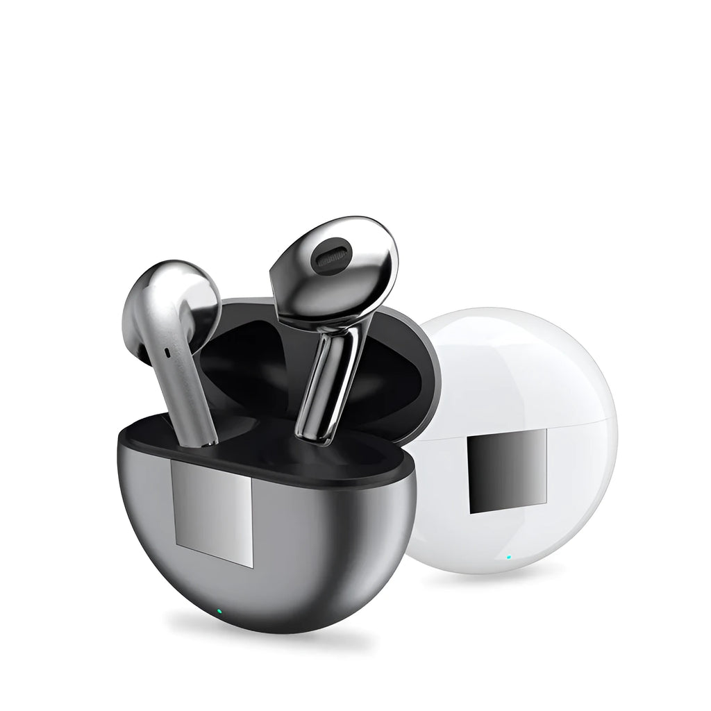 White Budz5 wireless Bluetooth earbuds with semi-in-ear design and charging case on a table.