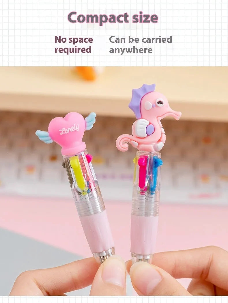 Four-colour press ballpoint pen with cartoon design showing cactus, fast food, fruit, heart wing, or seahorse print
