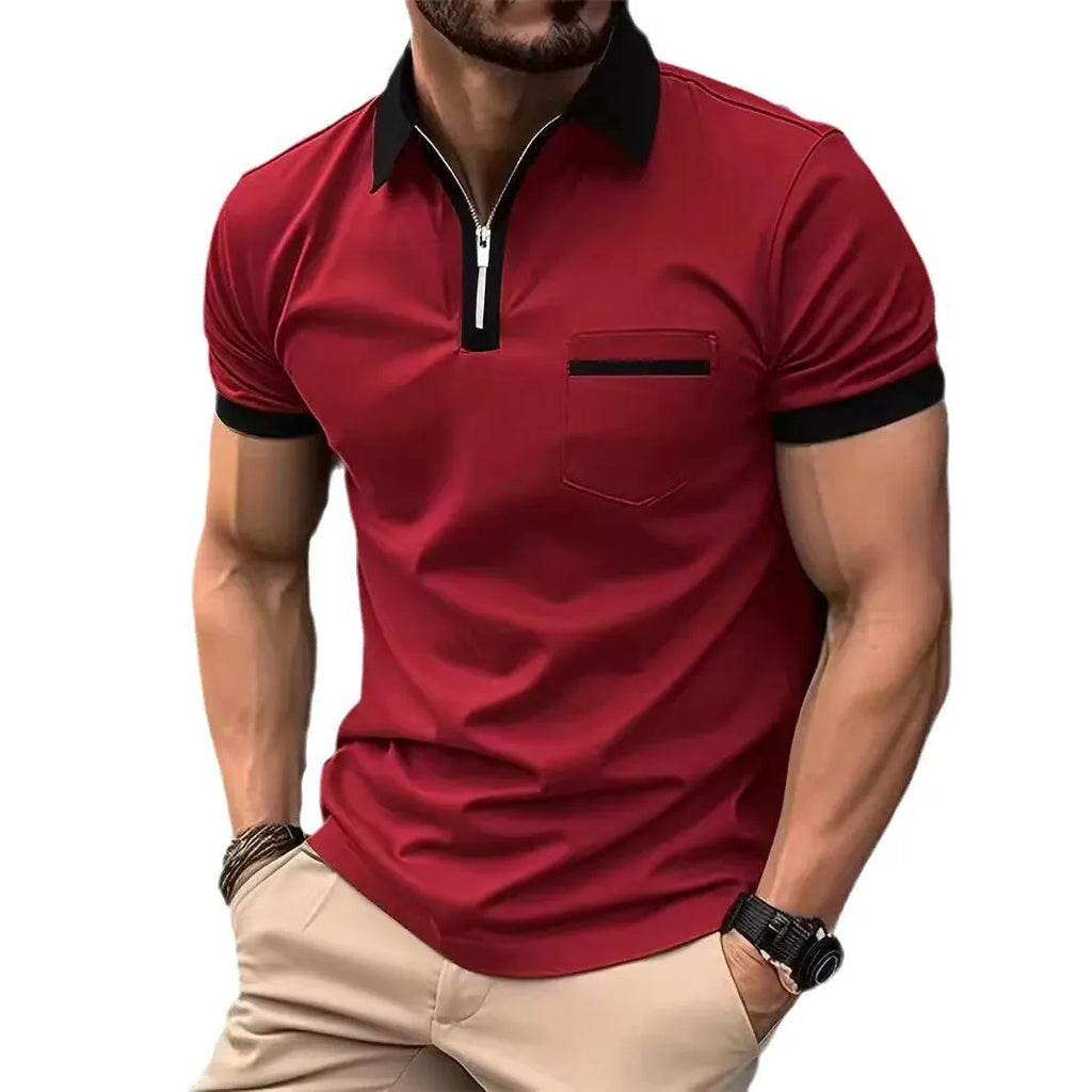 Man wearing a loose-fit casual short sleeve shirt with a chest pocket and contrast collar.