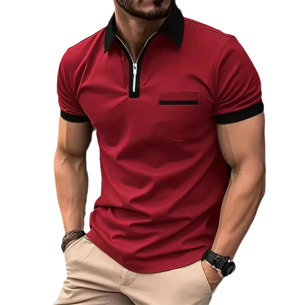 Man wearing a loose-fit casual short sleeve shirt with a chest pocket and contrast collar.