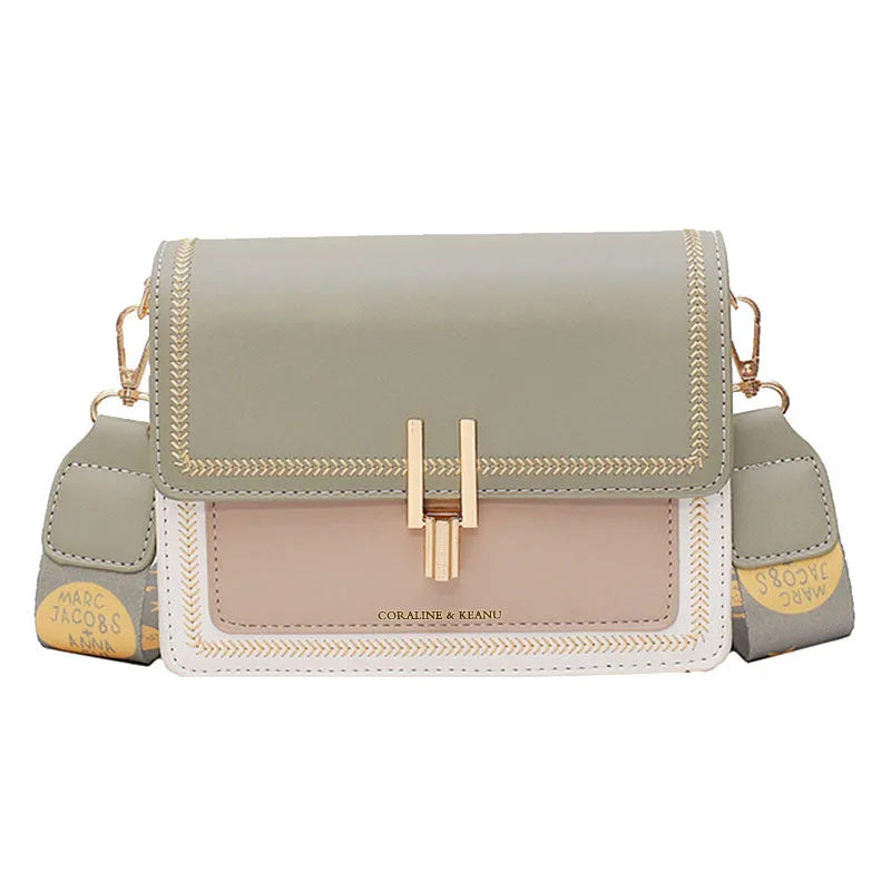 Women's wide strap crossbody bag in Matcha Green PU material with contrast colour details for leisure travel