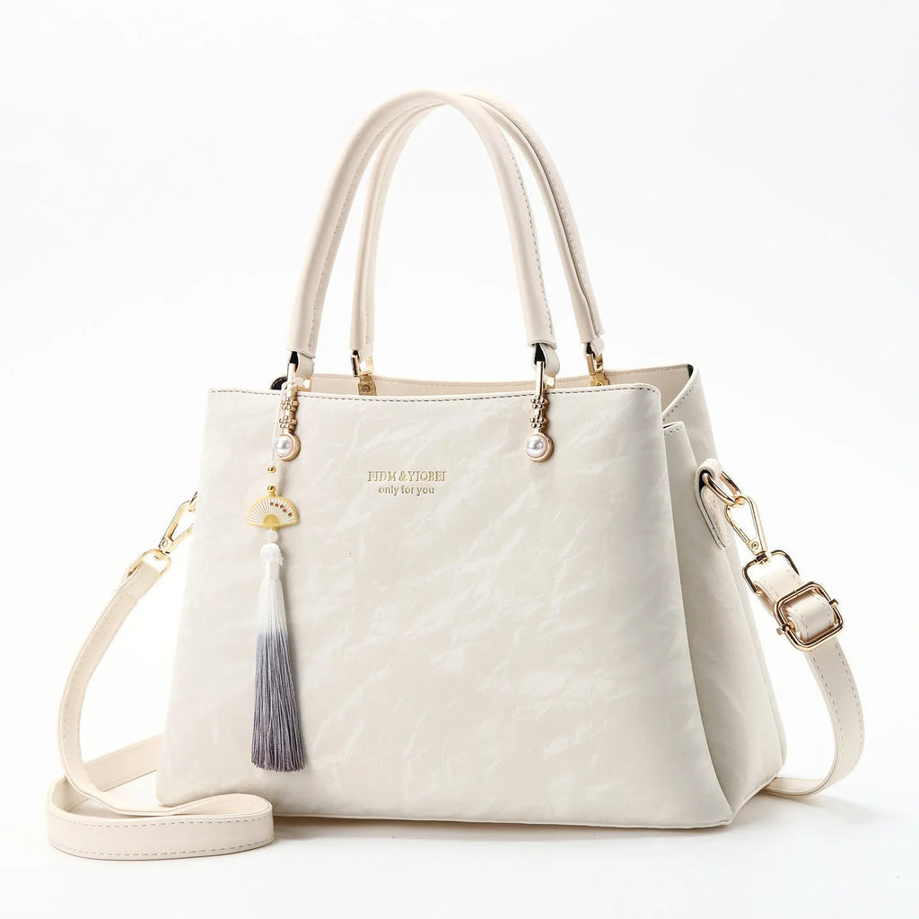Fashion handheld versatile large capacity women's bag in PU leather, urban simplicity style, colour beige, with slit pocket