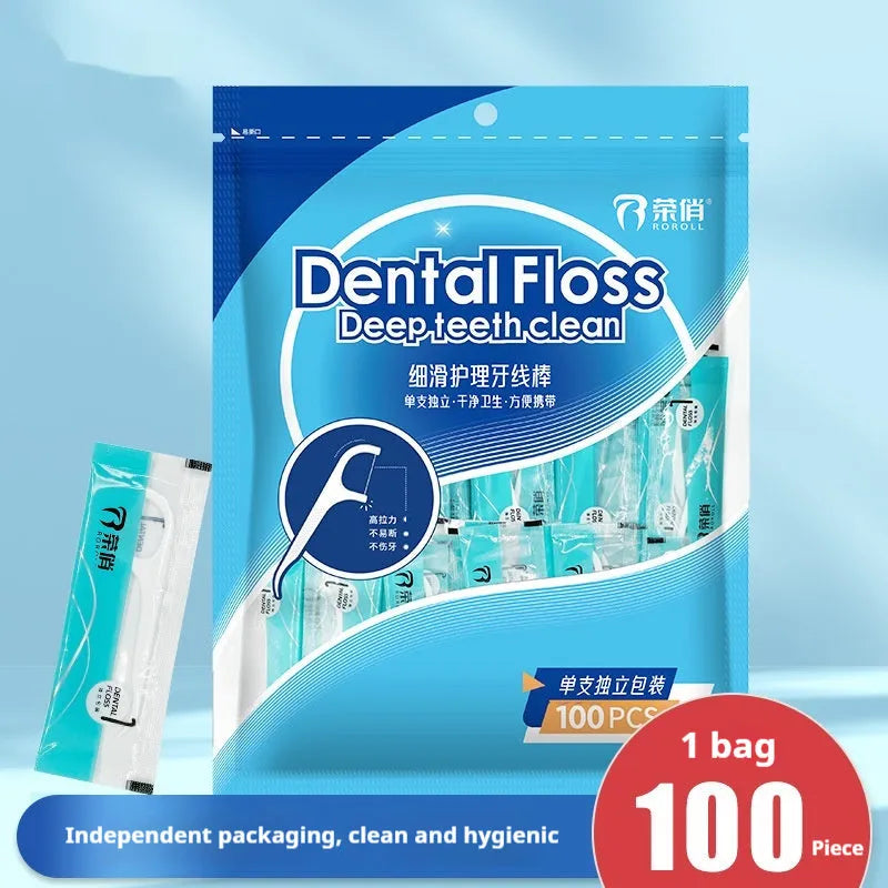 Disposable dental floss in portable bag with individually packaged strands for hygienic daily use
