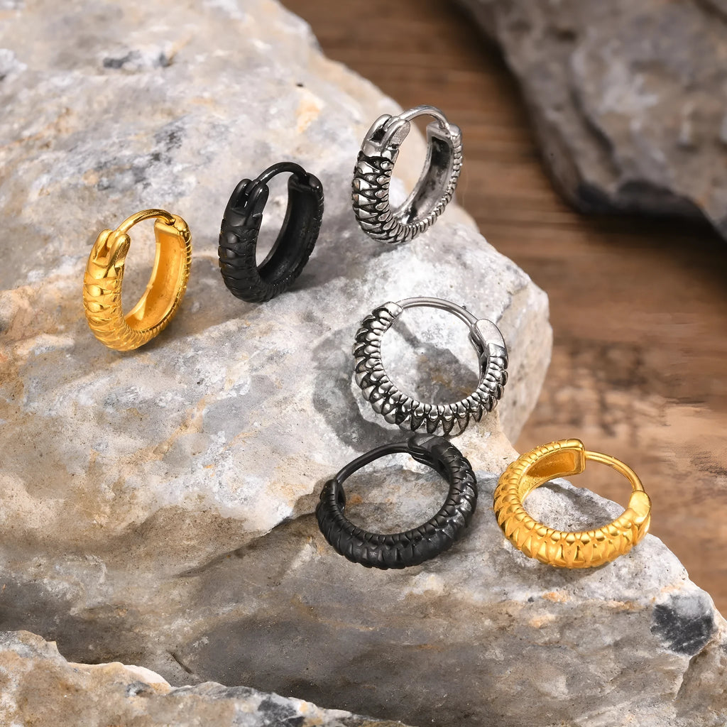 Men's stainless steel hip hop ear rings with snake pattern design in black and gold colour options