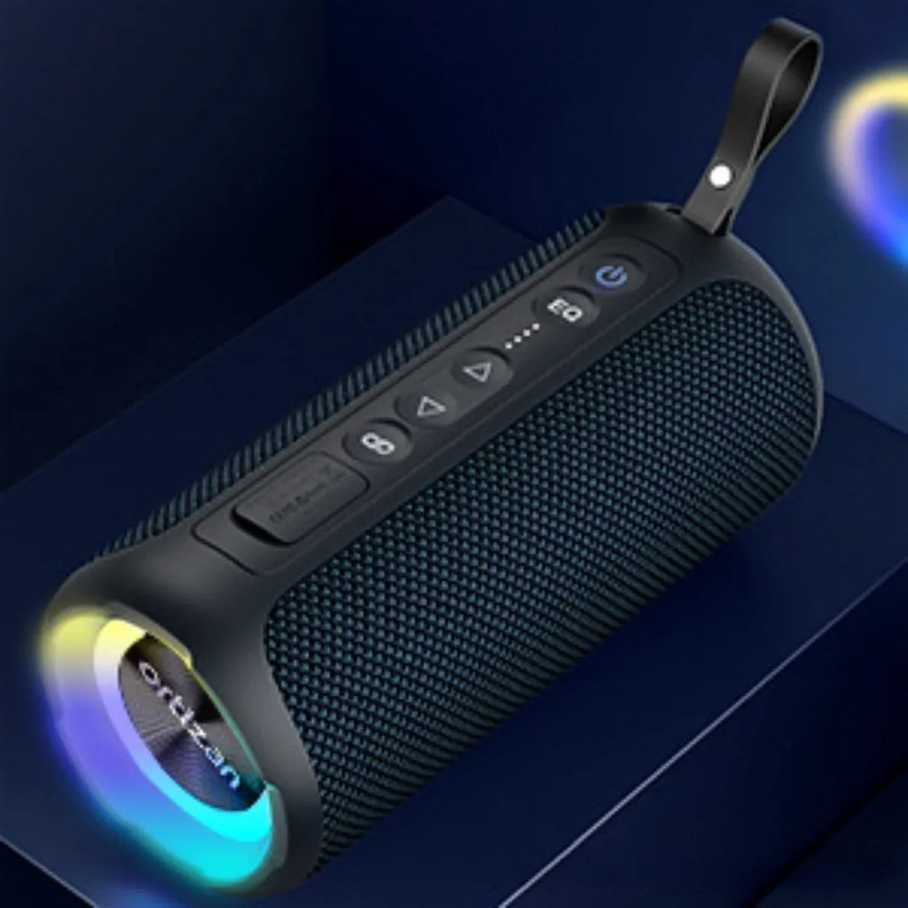 Black and blue fabric wireless Bluetooth speaker with LED lighting and waterproof casing