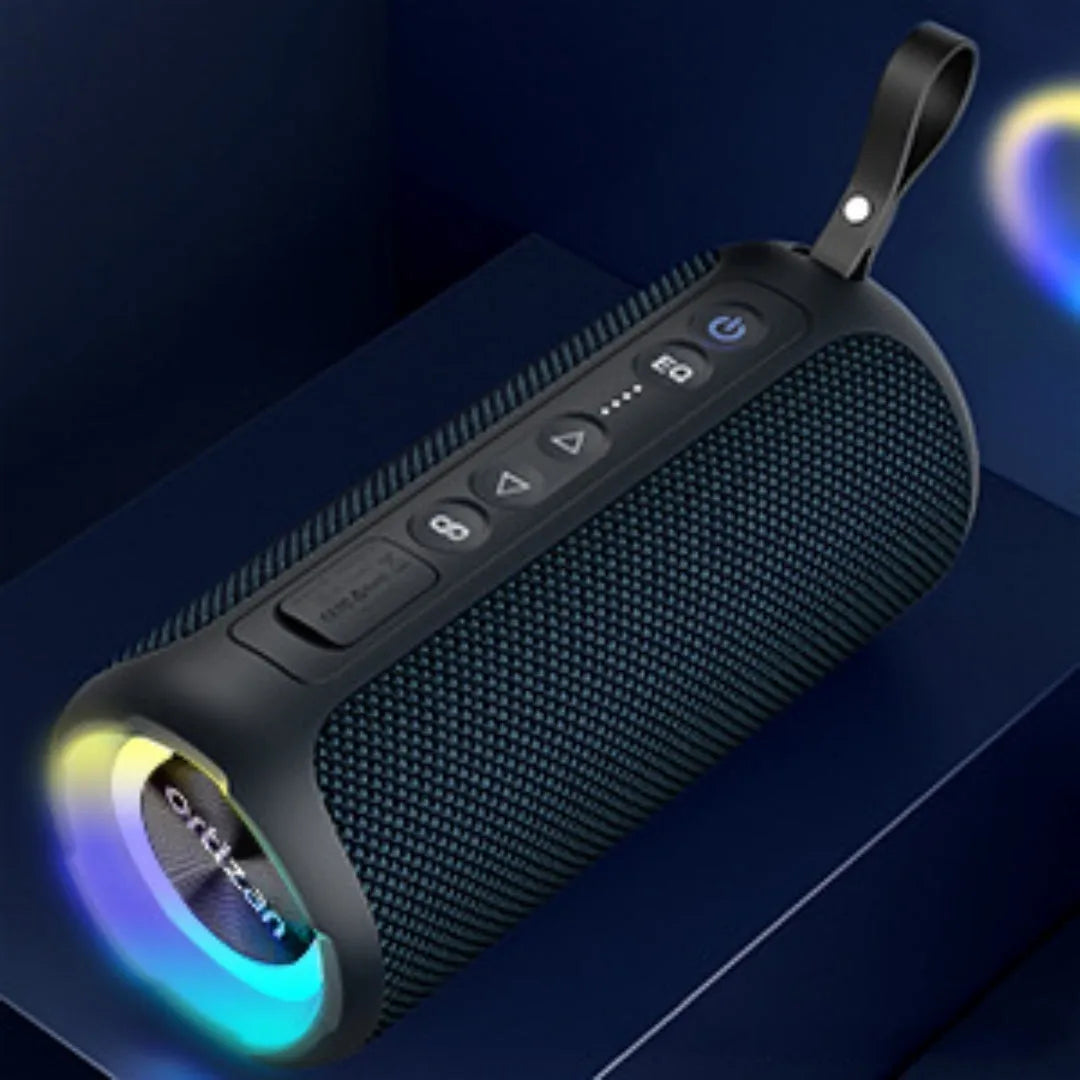 Black and blue fabric wireless Bluetooth speaker with LED lighting and waterproof casing