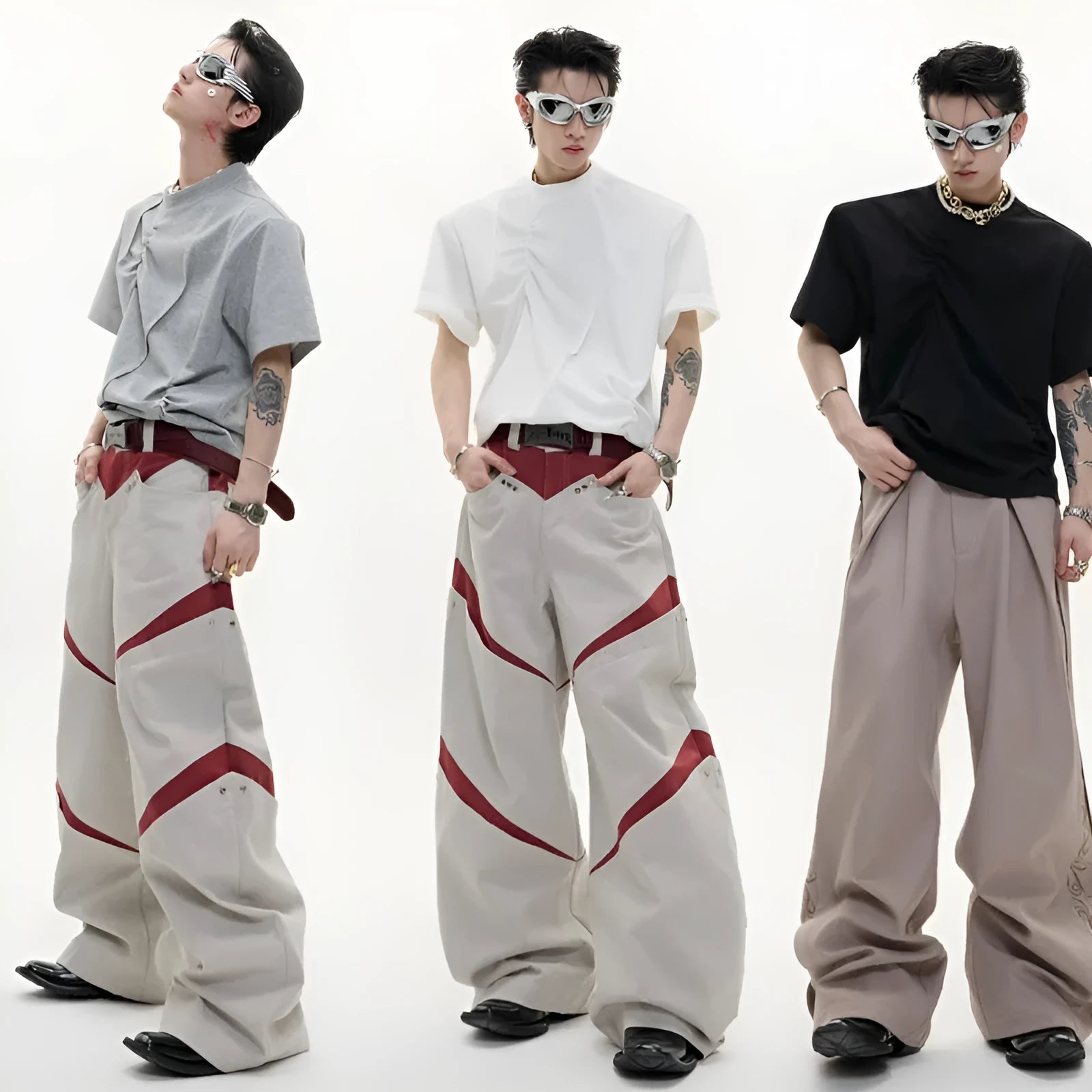 Men's pleated cotton T-shirt in loose fit with round neck and short sleeves