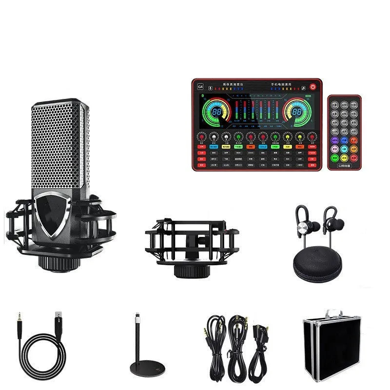 G4 professional singing sound card set with LCD display, microphone, and remote control on a desk.