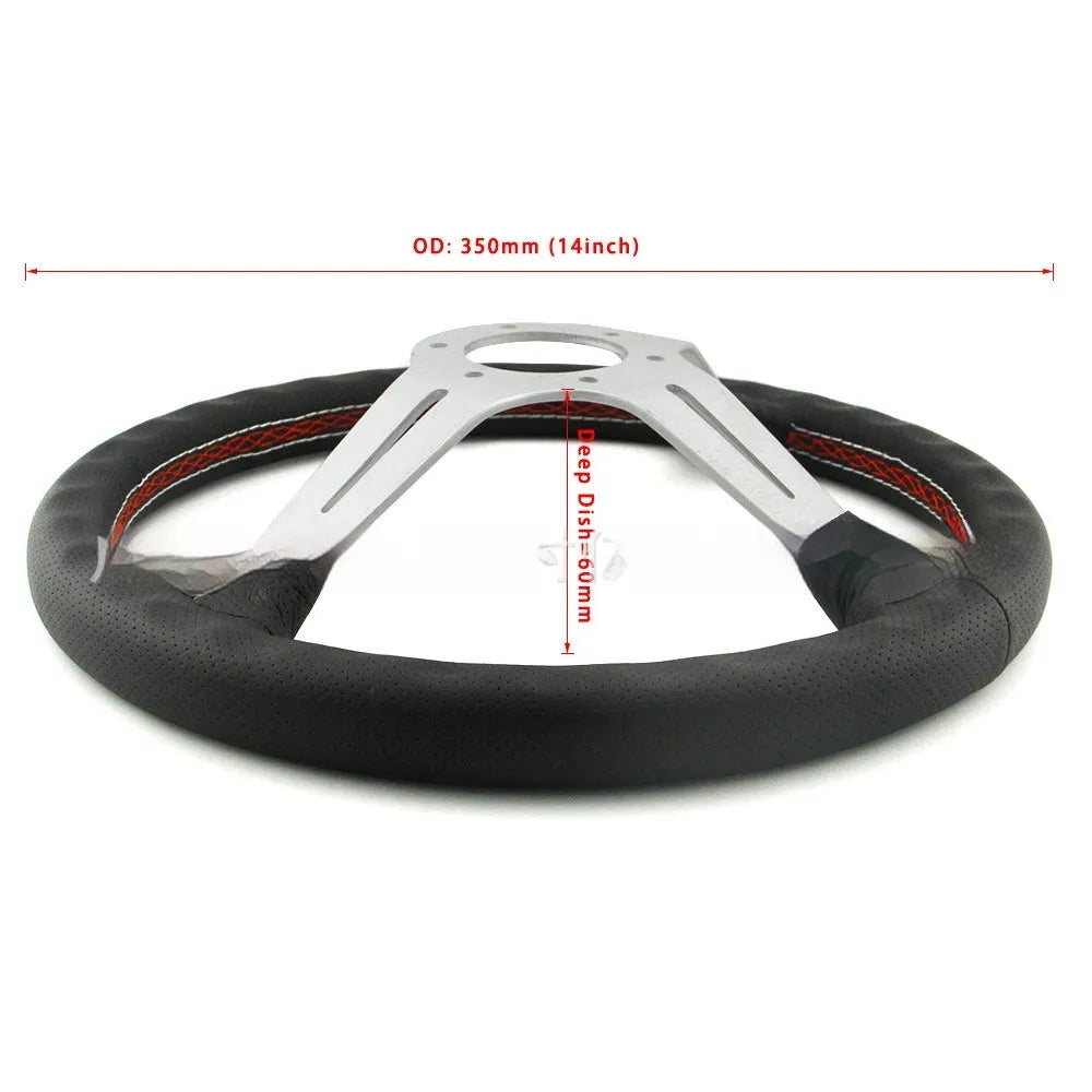 14-inch leather sports steering wheel with a middle concave design and black skeleton.