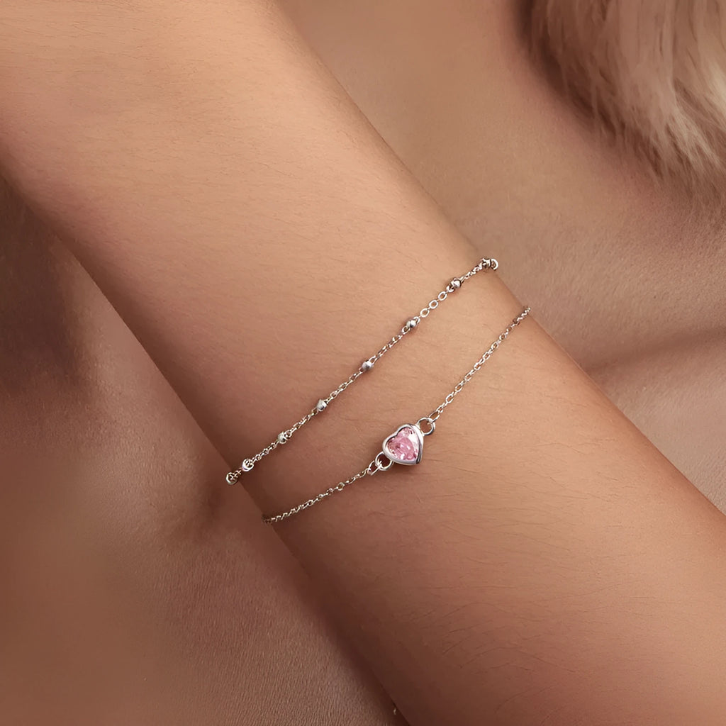 BSB152 coloured 925 Sterling Silver bracelet with heart-shaped pendant for women.
