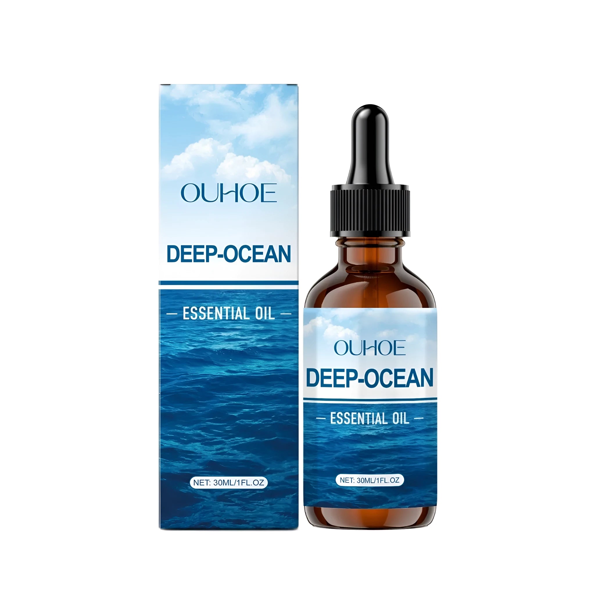 30ml glass bottle of Deep-Ocean Essential Oil with a botanical ingredient label.