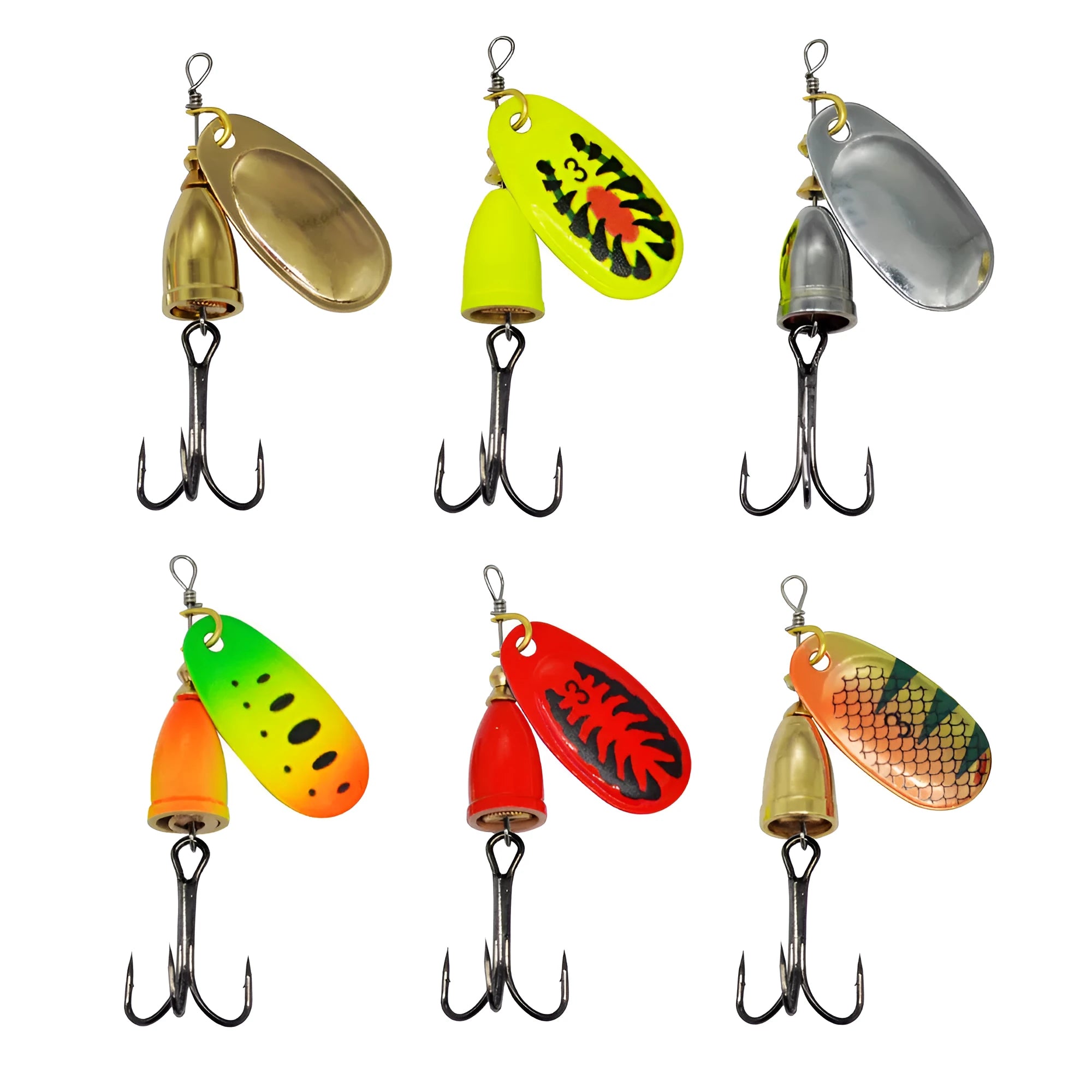 R composite rotating sequins copper bell metal fishing lure in multiple colour options on a blue background