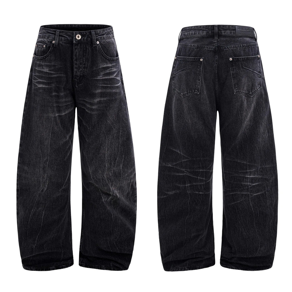 Black straight-leg men's jeans with American washed lightning crack texture detail