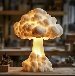 Modern mushroom cloud shaped table lamp with USB power connector on decorative base