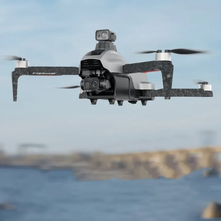 White folding quadcopter drone with obstacle avoidance sensors and 4K camera shown in compact 30-50cm size