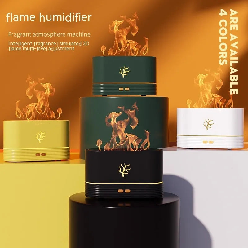 Square-shaped USB flame humidifier with LED aroma diffuser in white or black colour creating realistic fire effects