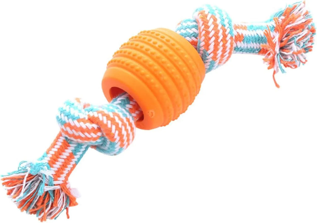 Blue silicone dog chew toy with woven cotton ropes in molar stick design