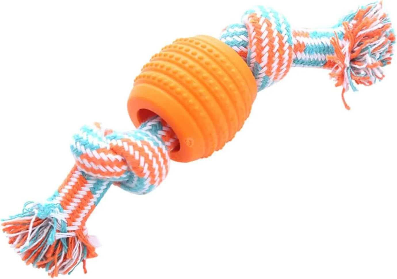 Blue silicone dog chew toy with woven cotton ropes in molar stick design