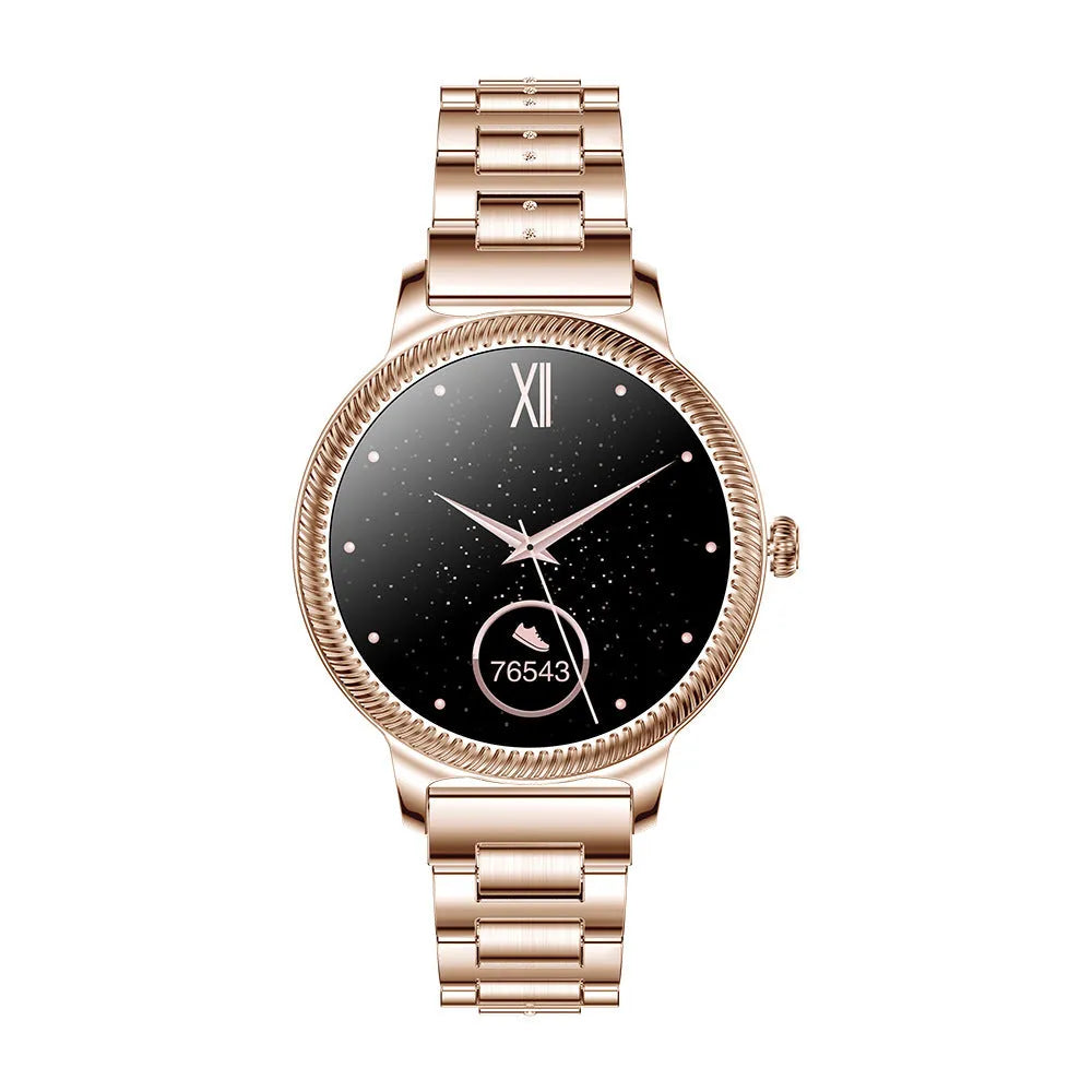 AK38 ladies smart watch with stainless steel band and 1.09-inch colour screen.