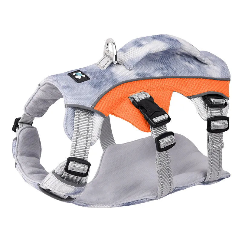 Reflective light blue pet cooling chest strap fastened around a dog's torso.