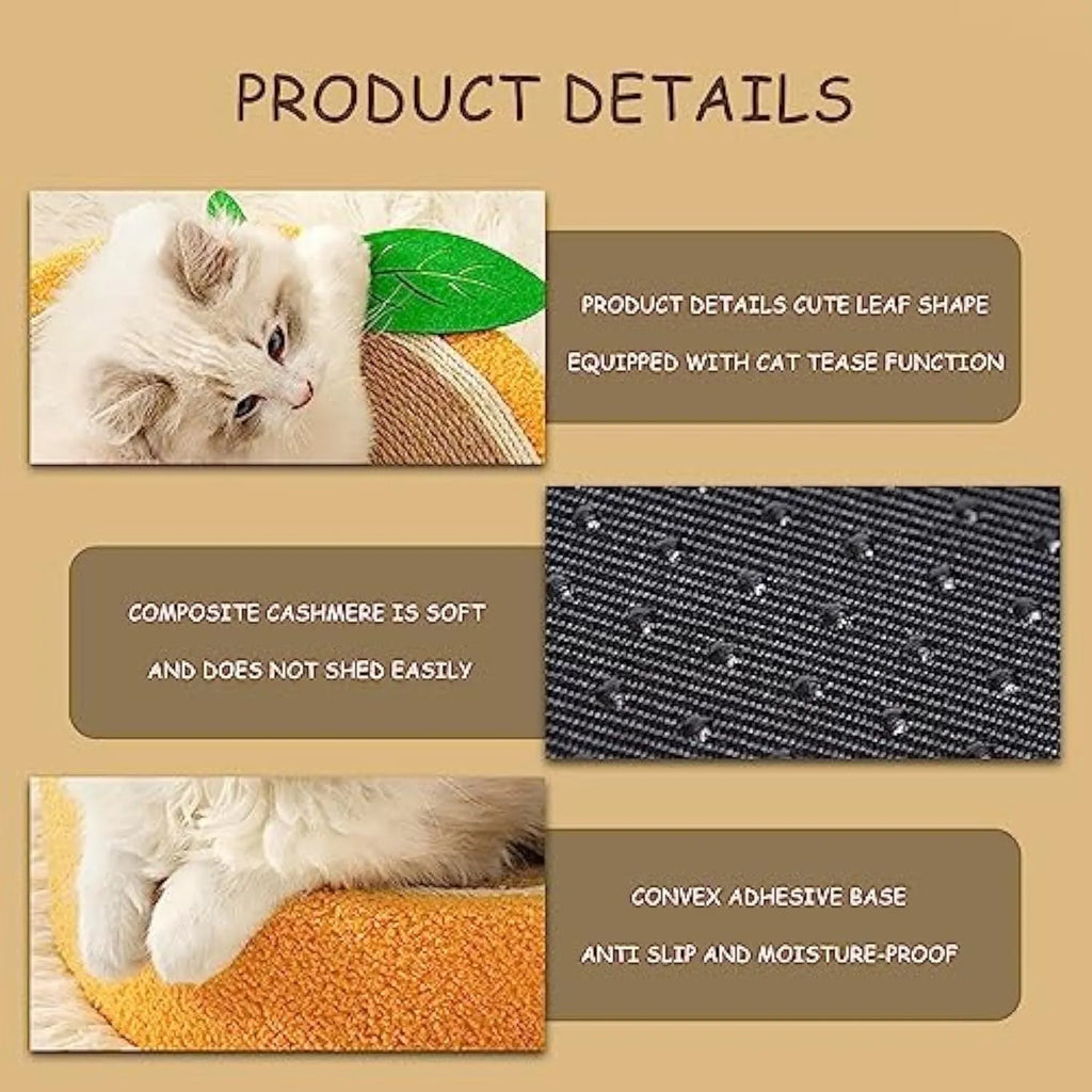 Yellow fruit-shaped sisal cat scratching board with a round bed for small breed cats.