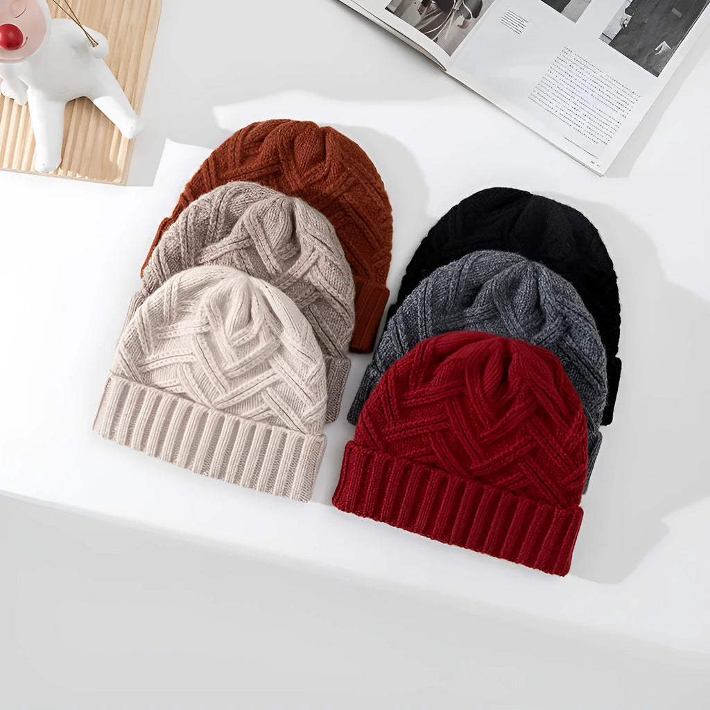 Wool knitted dome beanie hat in six colour options showing ivory white, khaki, red, brown, gray, and black variations