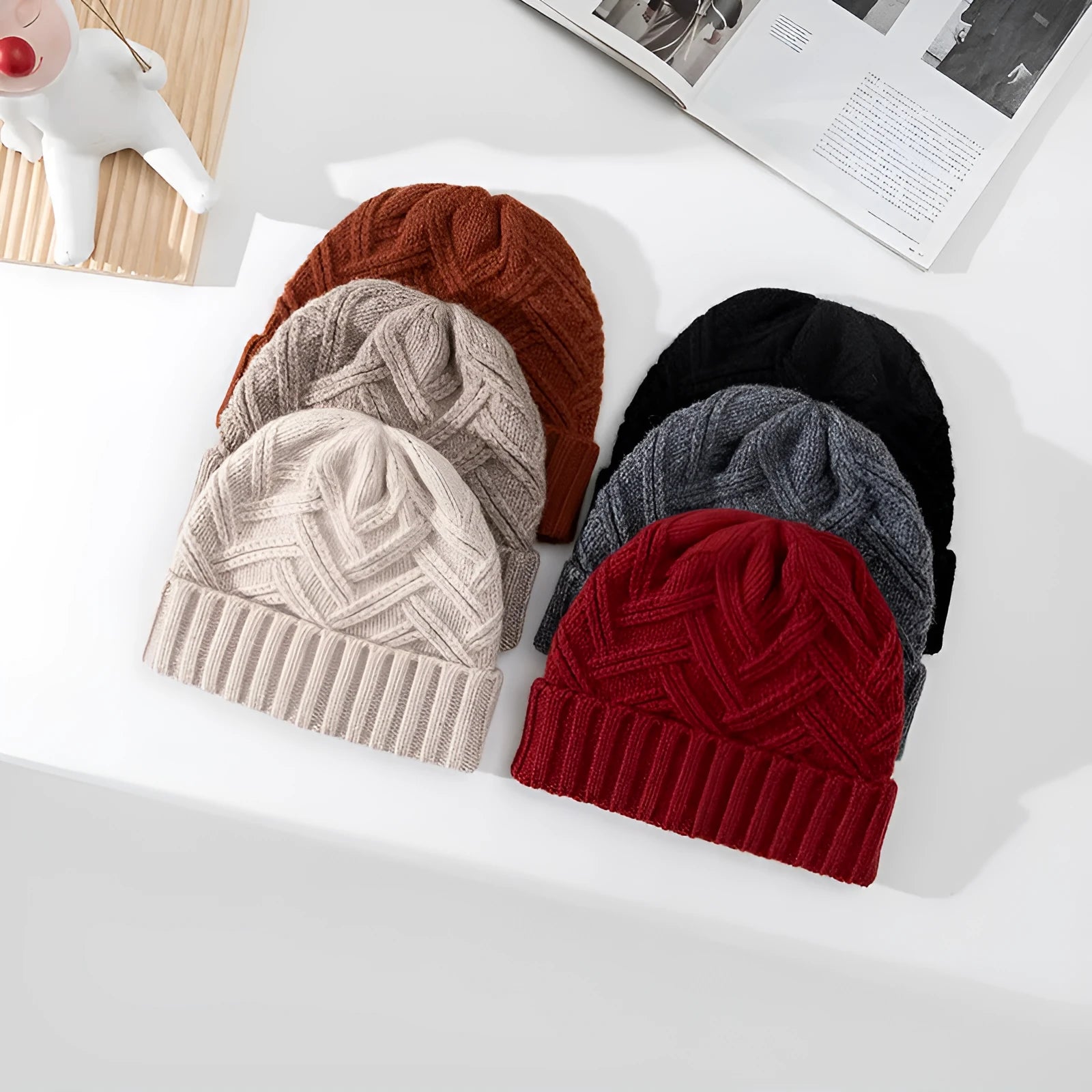 Wool knitted dome beanie hat in six colour options showing ivory white, khaki, red, brown, gray, and black variations