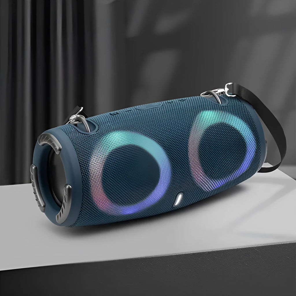 War Drum portable Bluetooth speaker in multiple colours with RGB lights and a carrying strap.