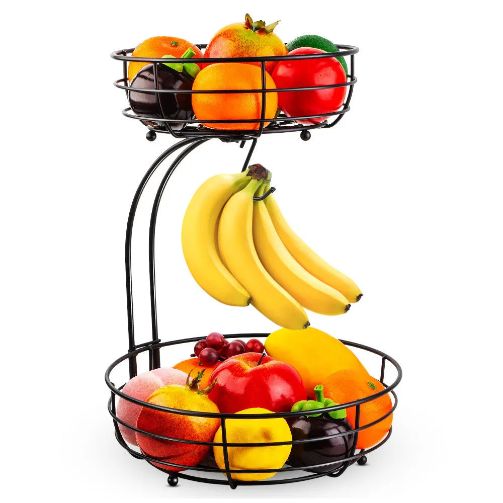 Double-layer wrought iron fruit basket with open wire sides in black or gold finish