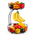 Double-layer wrought iron fruit basket with open wire sides in black or gold finish