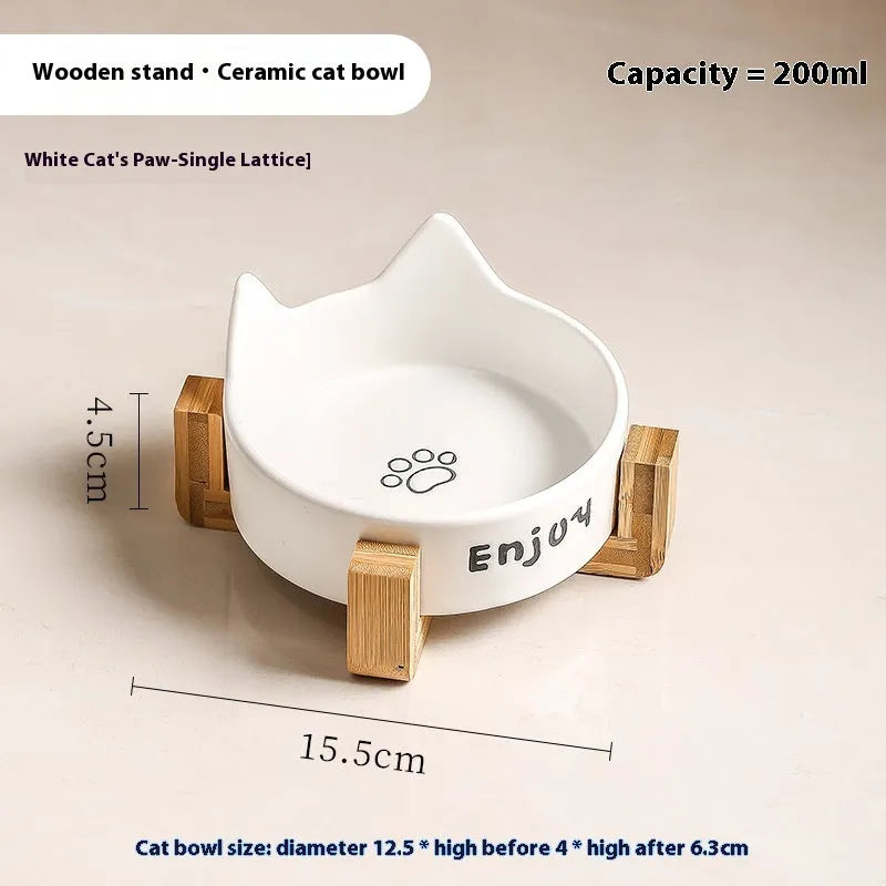 Porcelain cat bowls with wooden frame in cat ear paw design
