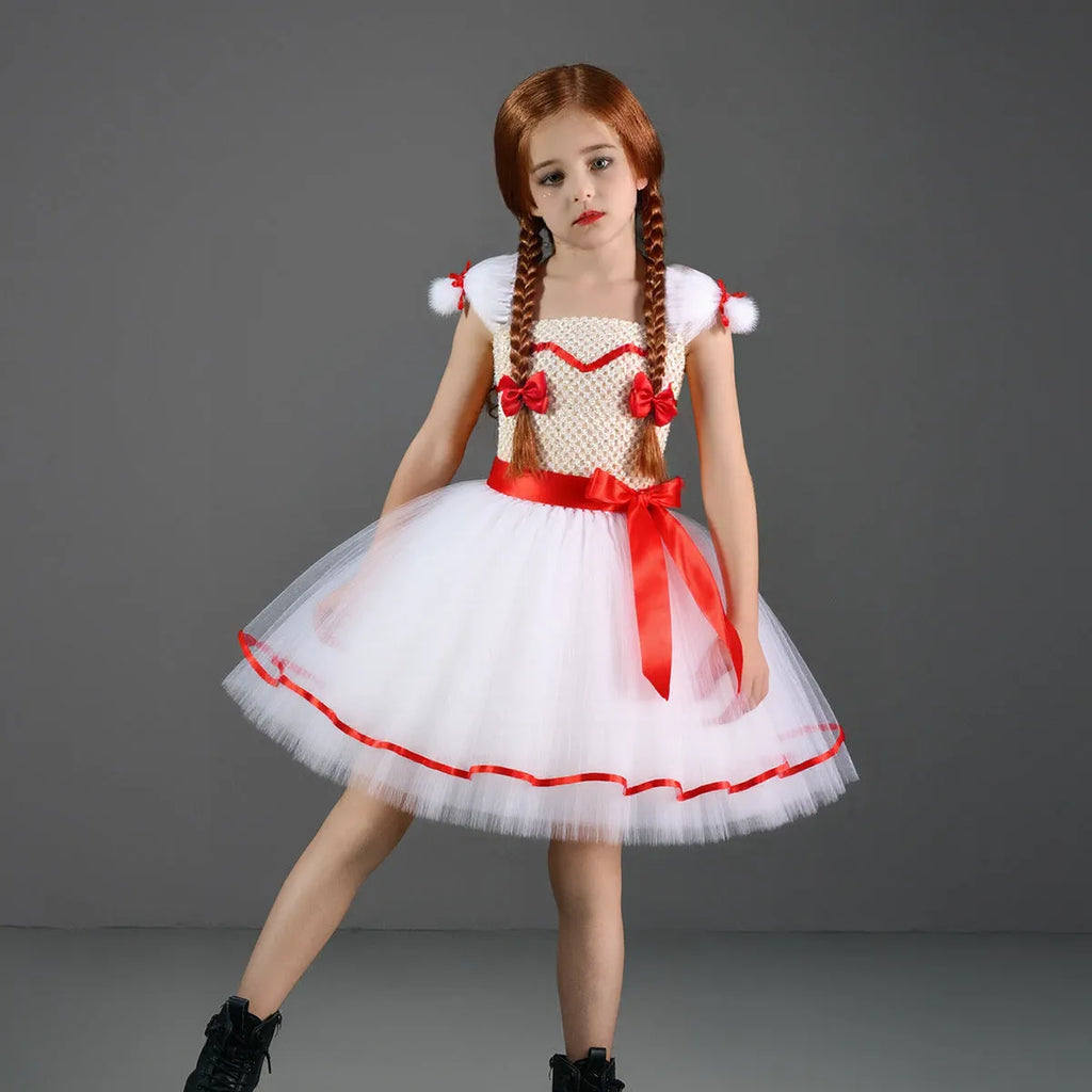 Children's white ghost doll costume dress with skirt bow barrettes and hair clips, Halloween cosplay