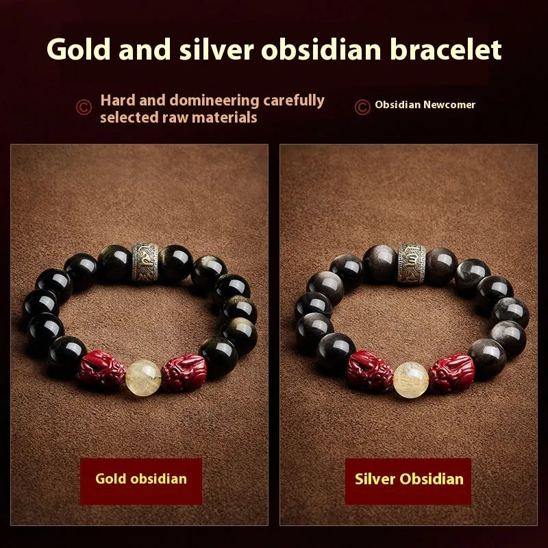 Hand-carved natural cinnabar beads bracelet with zodiac animal charm in gold or silver stone option