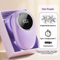 Purple and beige digital fur ball trimmer lint remover with multiple interchangeable cutter heads on display.