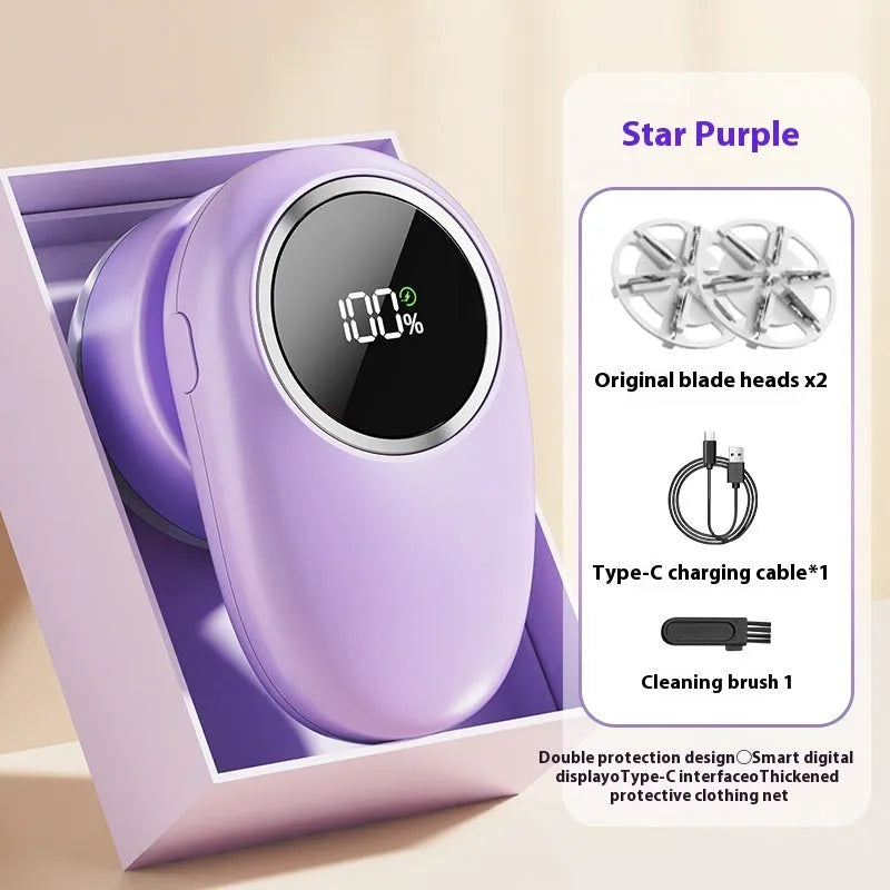 Purple and beige digital fur ball trimmer lint remover with multiple interchangeable cutter heads on display.