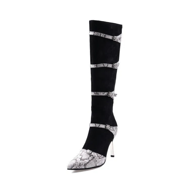 Women's knee-high black boots with thin 9cm heels and pointed toe design