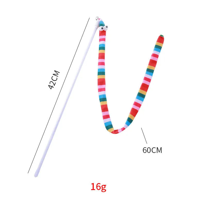 Cat wand toy with polycarbonate pole and long plush strip in green, orange, or rainbow colours