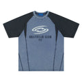 Men's blue hip hop T-shirt with white letter print and raglan sleeves on hanger