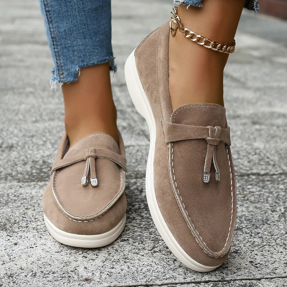 Men's apricot coloured canvas slip-on loafers with a platform rubber sole on a white background.