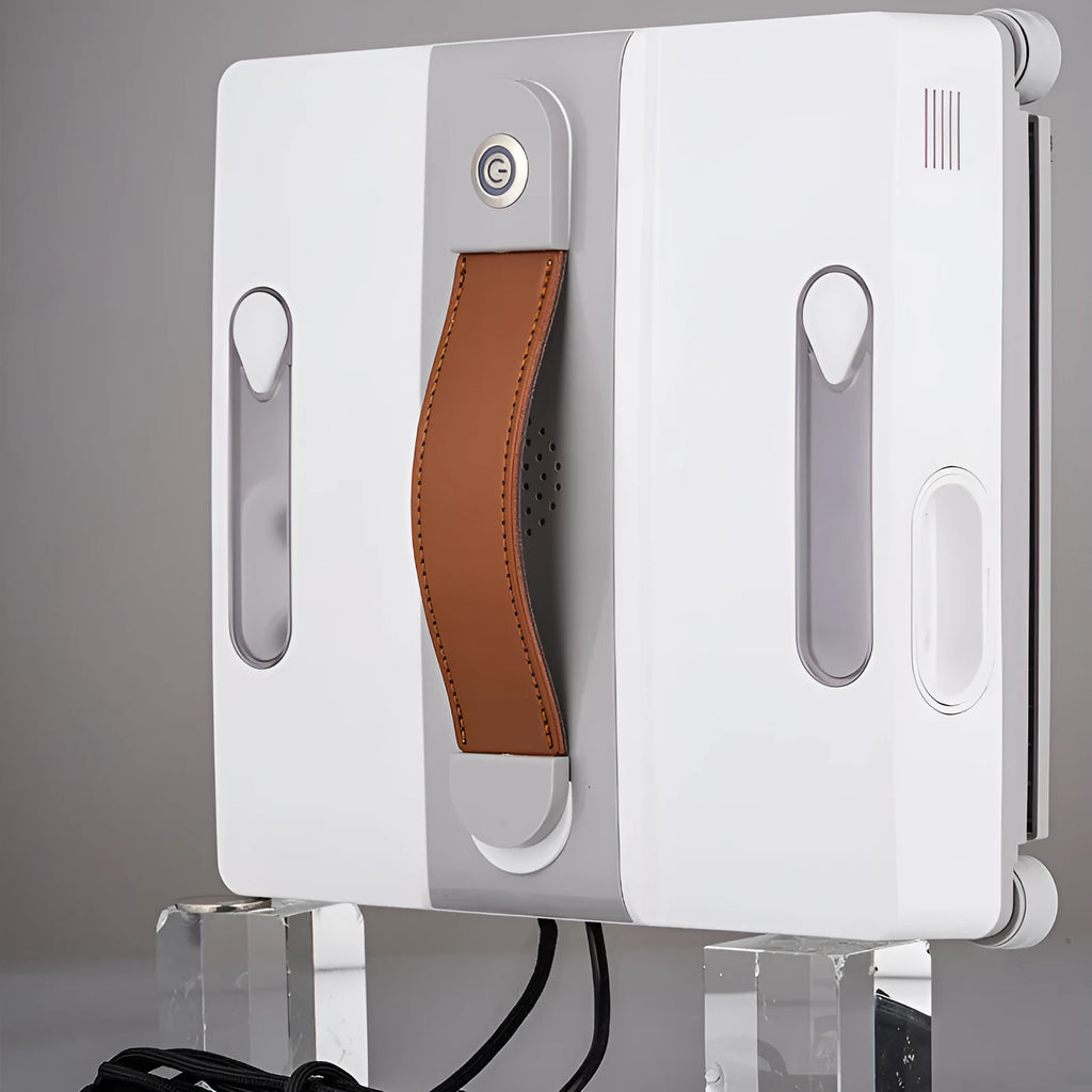 White window cleaning robot with four spray nozzles for automated high-rise window washing
