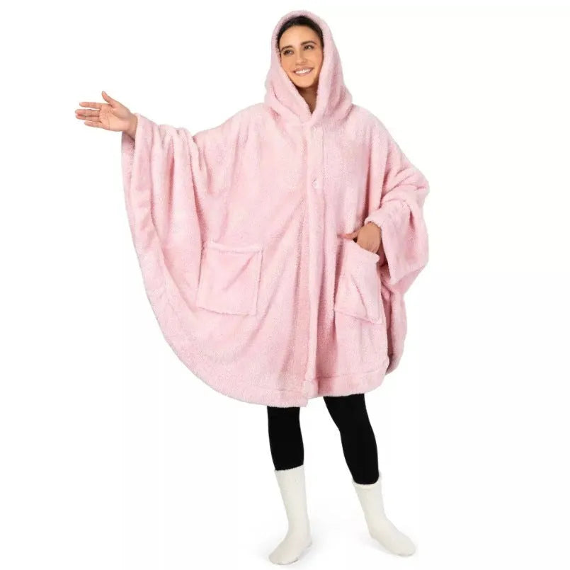Thick hooded long sleeve bathrobe in a cardigan style, shown in black, dark grey, and pink colours.